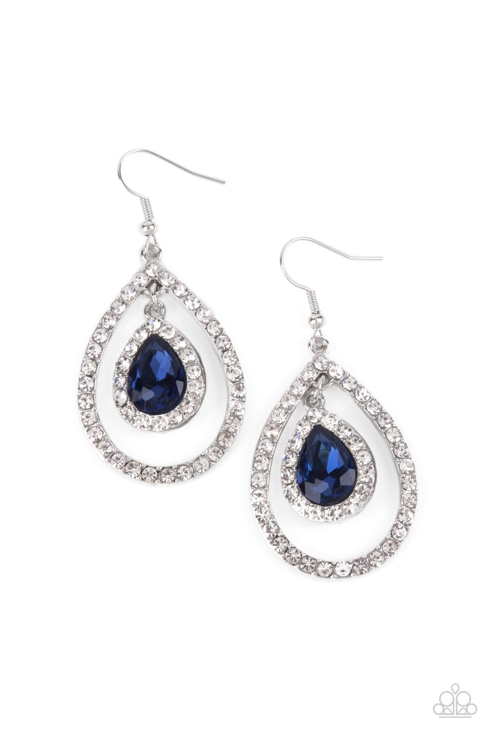 Blushing Bride - Blue Gem - Silver Earrings - Paparazzi Accessories - Blue teardrop gem, encased in a sparkling white rhinestone frame, creates a striking pendant as it dangles inside an airy teardrop frame encrusted with white rhinestones and culminates into a mesmerizing stylish earrings.