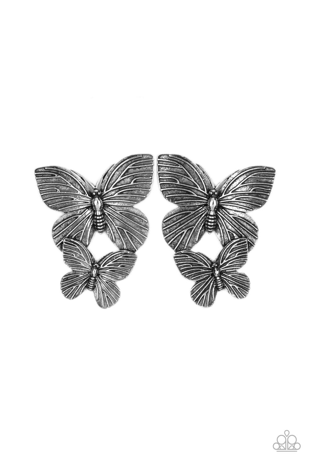 Blushing Butterflies - Silver Fashion Earrings - Paparazzi Accessories - Veined with lifelike textures, a pair of rustic silver butterflies flutters from the ear for a whimsical fashion stylish earrings. Trendy fashion jewelry for everyone.
