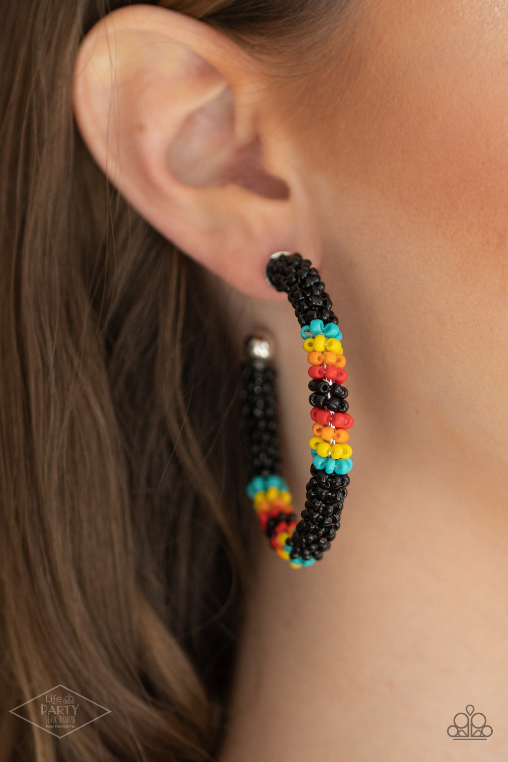 Bodaciously Beaded - Black - Colorful Seed  Bead - Hoop Earrings - Paparazzi Accessories - A colorful strand of black, blue, yellow, orange, and red seed beads wraps around a shiny silver hoop, creating a colorfully seasonal look. Earring attaches to a standard post fitting. Hoop measures approximately 2" in diameter. Sold as one pair of hoop earrings.