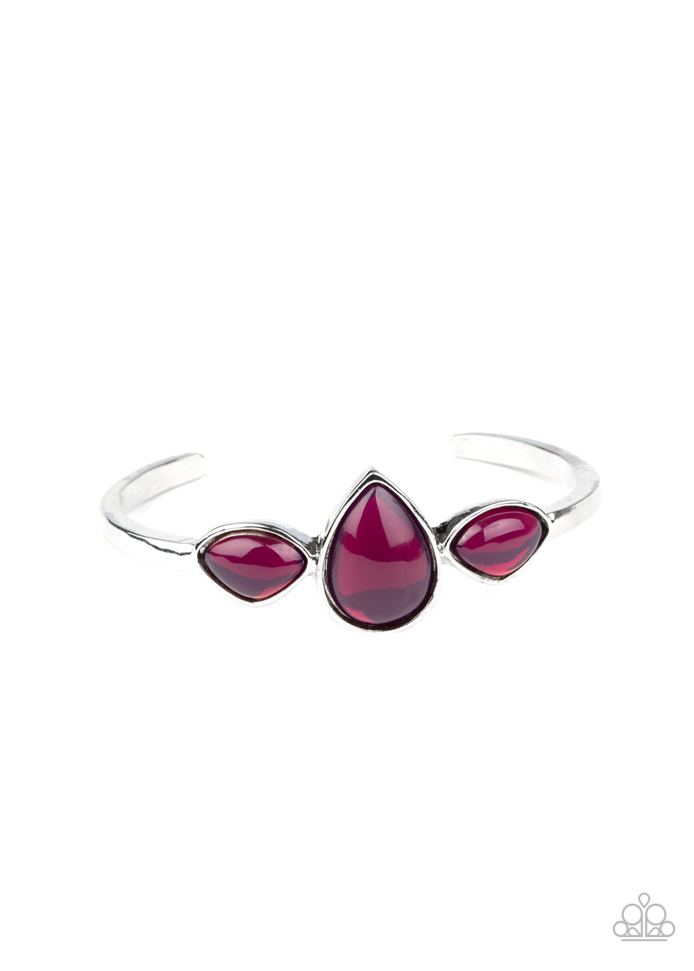 Boho Beach Babe - Purple and Silver Cuff Bracelet - Paparazzi Jewelry - Bejeweled Accessories By Kristie - Oversized glassy purple stones are encrusted across the center of a dainty silver cuff, creating a colorful fashion bracelet. Trendy fashion jewelry for everyone.