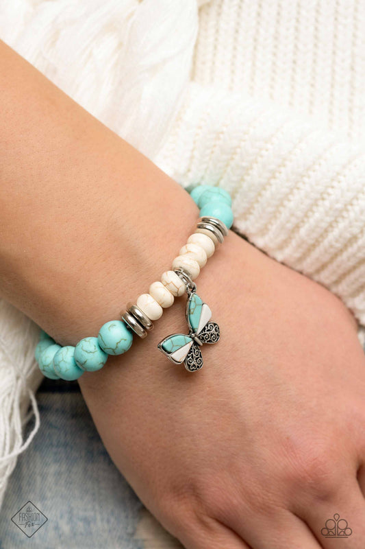 Bold Butterfly - Blue Turquoise and Silver Bracelet - Paparazzi Accessories Bejeweled Accessories By Kristie - Trendy fashion jewelry for everyone -