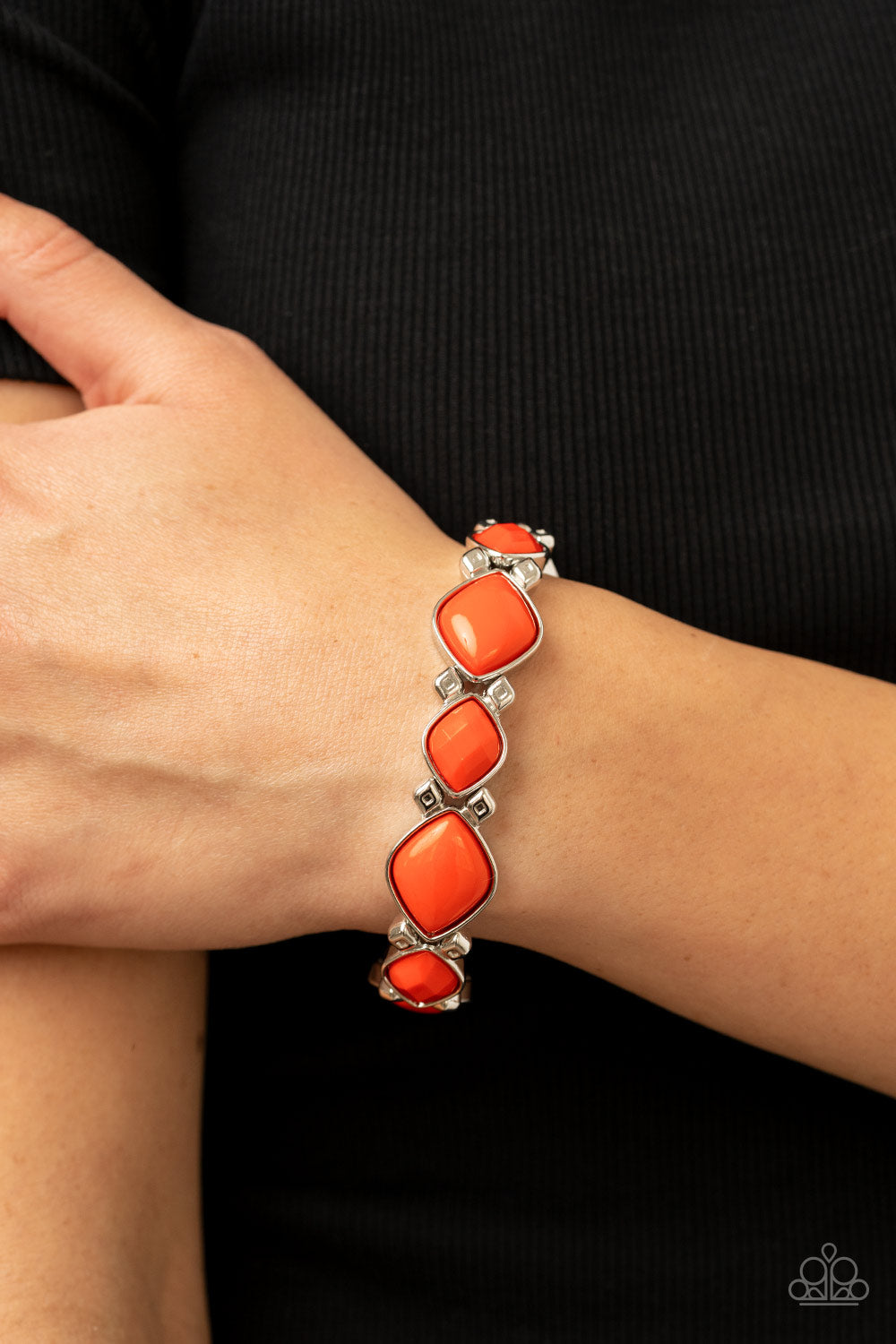 Boldly BEAD-azzled - Orange and Silver Bracelet - Paparazzi Accessories - Attached to silver diamond shaped beads, bubbly burnt orange diamond shaped beaded frames are threaded along stretchy bands around the wrist for a zesty pop of color. Sold as one individual bracelet.