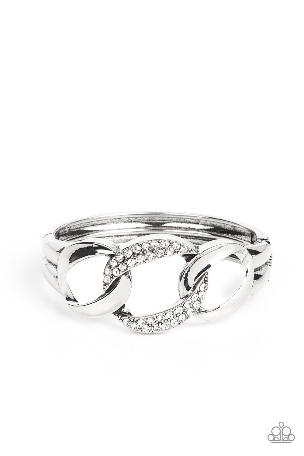 BOMBSHELL Squad - Sparkly Silver Hinged Cuff Bracelet  - Paparazzi Accessories - Trio of rounded square silver links, featuring a hammered texture, interlock into an unapologetic display. The centermost link is dotted with glassy rhinestones, creating a sparkly fashion around the wrist. Features a hinged closure.