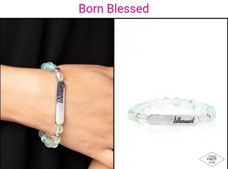 Born Blessed - Paparazzi Accessories - Infused with dainty silver accents, a collection of blue reflective natural stones are threaded along a stretchy band. A glistening silver frame engraved with the word, "blessed" adorns the center for a seasonal finish. Sold as one individual bracelet.