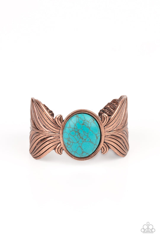 Born To Soar - Blue and Copper Cuff Bracelet - Paparazzi Accessories - Etched and embossed in lifelike textures, two oversized copper feathers branch out from a refreshing turquoise stone center, curling into a whimsical cuff around the wrist. Sold as one individual bracelet.