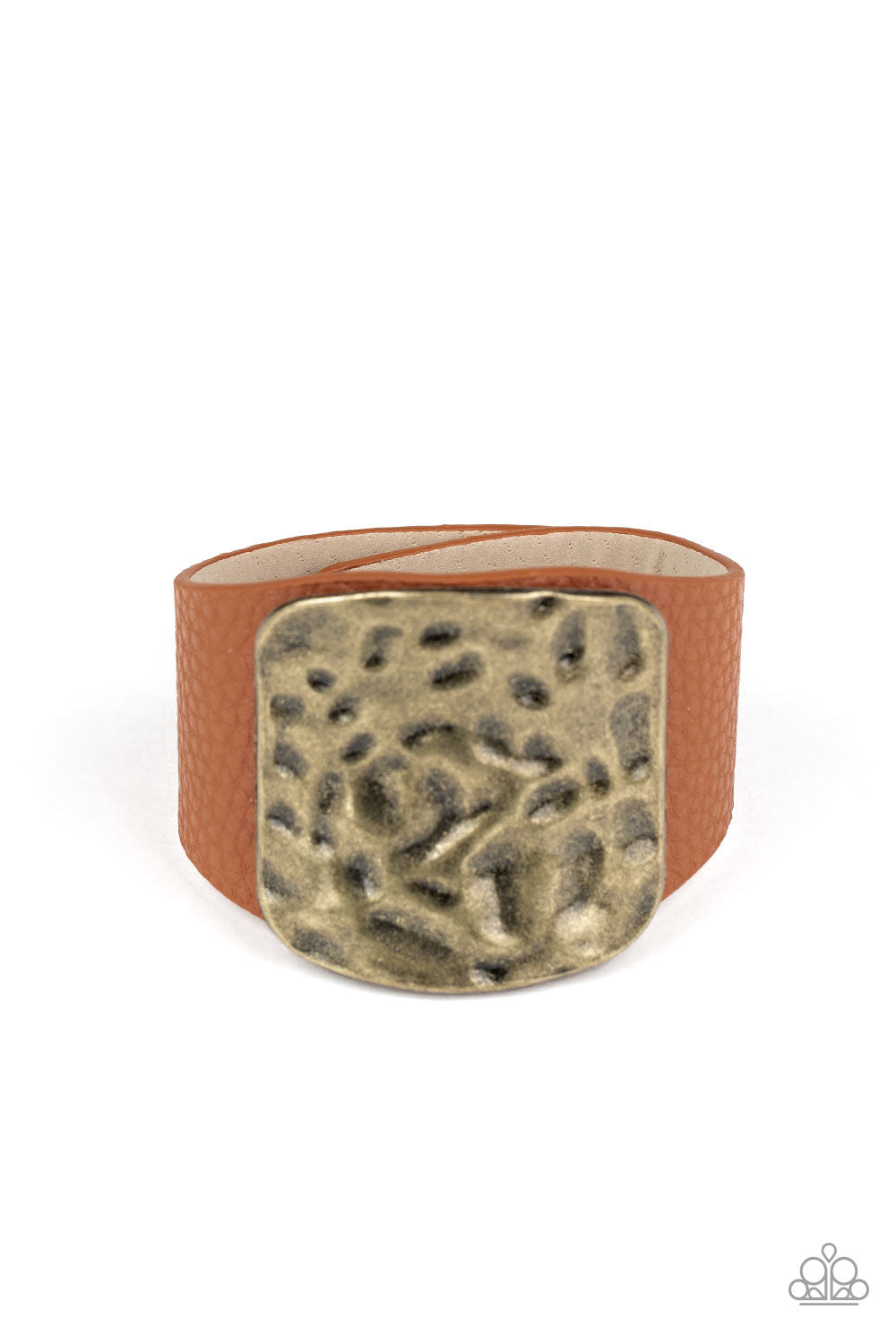 Brighten Up - Brass and Brown Leather Bracelet - Paparazzi Accessories - A hammered brass square-like frame gently curves with a thick brown leather band, creating a colorfully rustic centerpiece atop the wrist. Features an adjustable snap closure. Sold as one individual bracelet.