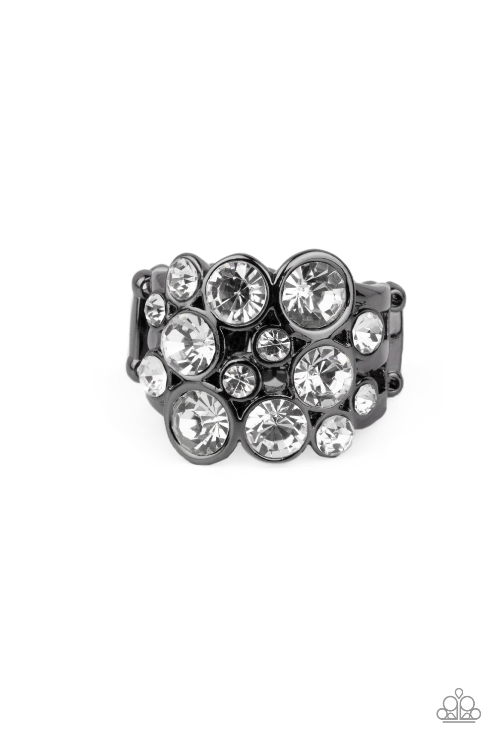 Bubbling Bravado - Black Gunmetal Sparkly Ring - Paparazzi Jewelry  - Bejeweled Accessories By Kristie - Sleek gunmetal frames, a bubbly collection of sparkly white rhinestones coalesces into a glamorous band across the finger. Features a stretchy band for a flexible fit. Sold as one individual ring.