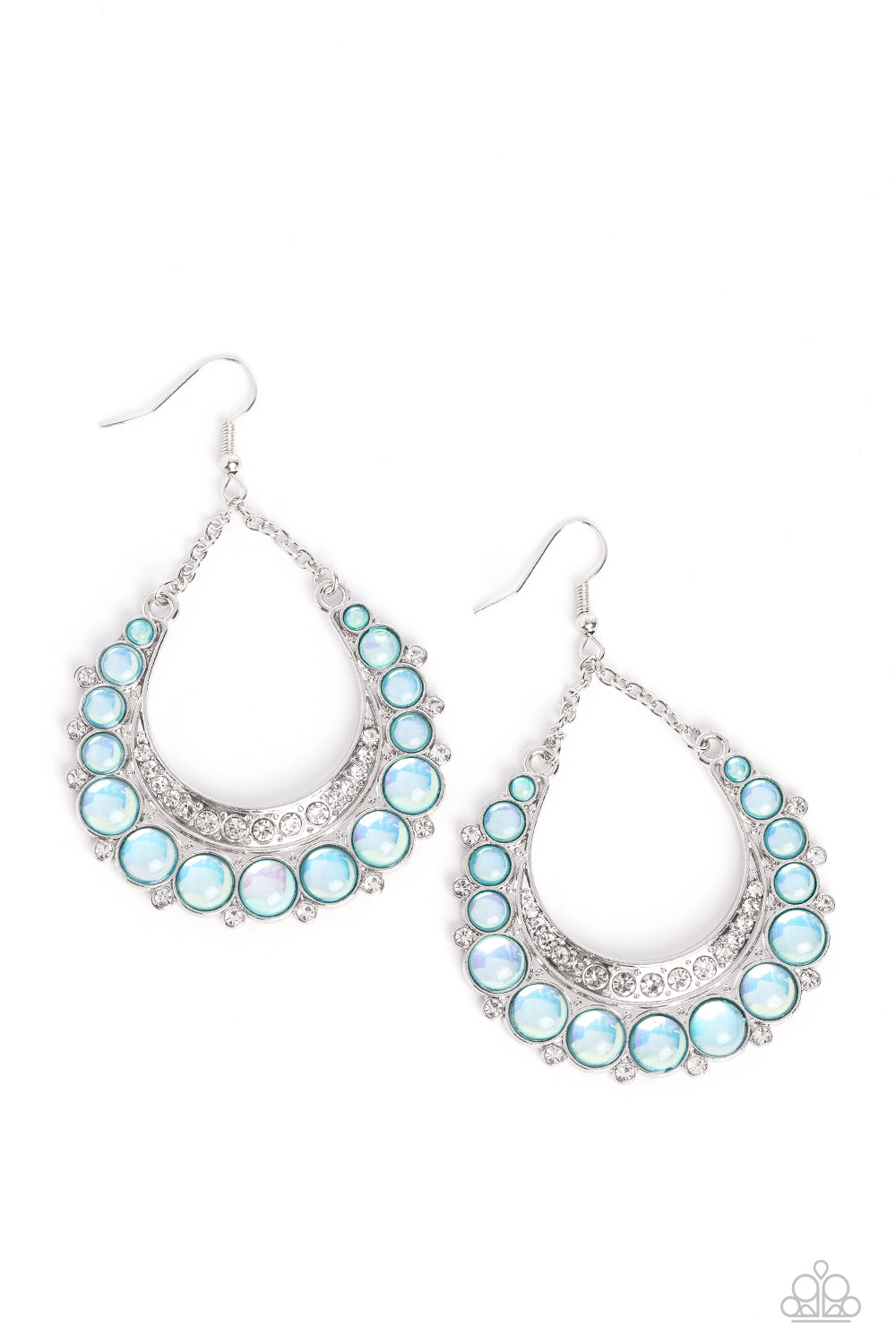 Bubbly Bling - Blue and Silver Earrings - Paparazzi Accessories - Bubbly blue beads are wrapped in silver frames as they fan out into a dramatic horseshoe shape. A thick silver crescent lined with white rhinestones nestles along the inside of the curve at the bottom, as tiny white rhinestones peek out from below the glassy blue beads. The dramatic design is suspended from silver chains, allowing the fancy framework to sway freely.