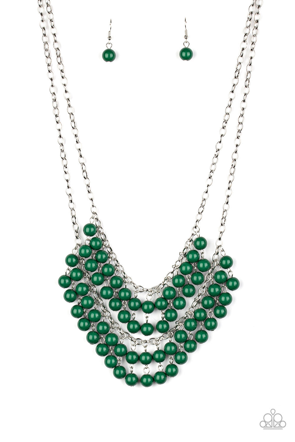 Bubbly Boardwalk - Green and Silver Necklace - Paparazzi Accessories - Pairs of green beads cascade from the bottoms of two silver chains, creating a vivaciously layered fringe below the collar. Features an adjustable clasp closure. Sold as one individual necklace.