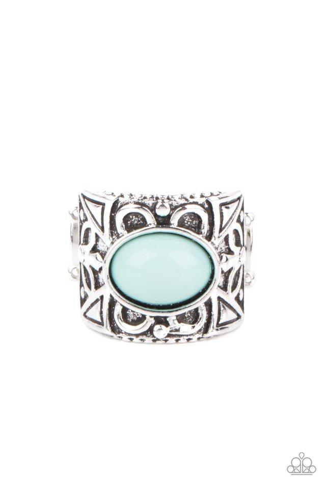 Bubbly Bonanza - Blue and Silver Ring - Paparazzi Accessories - 
A bubbly blue bead is pressed into the center of a thick silver frame embossed in a leafy geometric pattern, creating a colorfully whimsical centerpiece. Features a stretchy band for a flexible fit.
