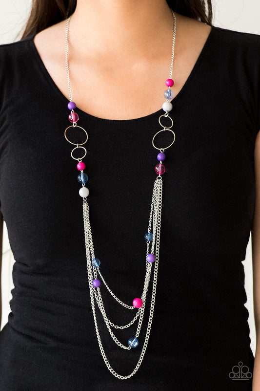 Bubbly Bright - Multi Color Fashion Necklace - Paparazzi Accessories - Infused with shimmery silver hoops, glassy and polished multicolored beads trickle along glistening silver chains for a bubbly look. Features an adjustable clasp closure. Sold as one individual necklace.