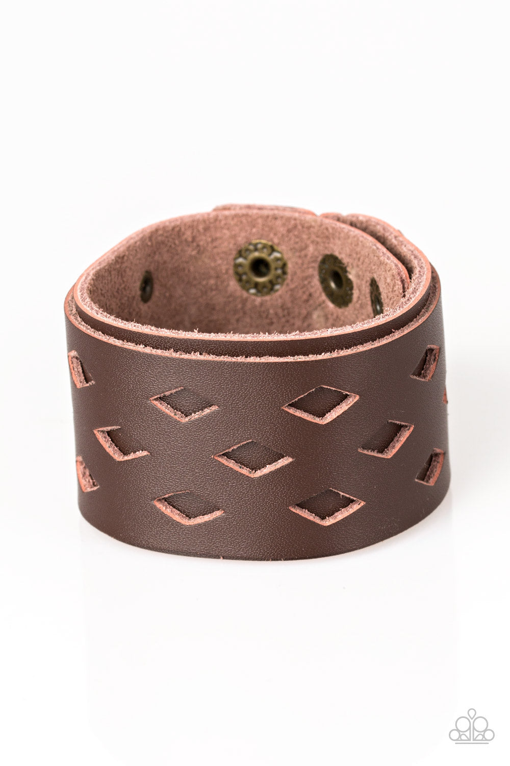 Bucking Bronco Brown - Men's Leather Bracelet - Paparazzi Accessories - Featuring airy diamond-shaped cutouts, a brown leather band is studded in place along a thicker brown leather band for a rustic look. Features an adjustable snap closure. Sold as one individual bracelet.