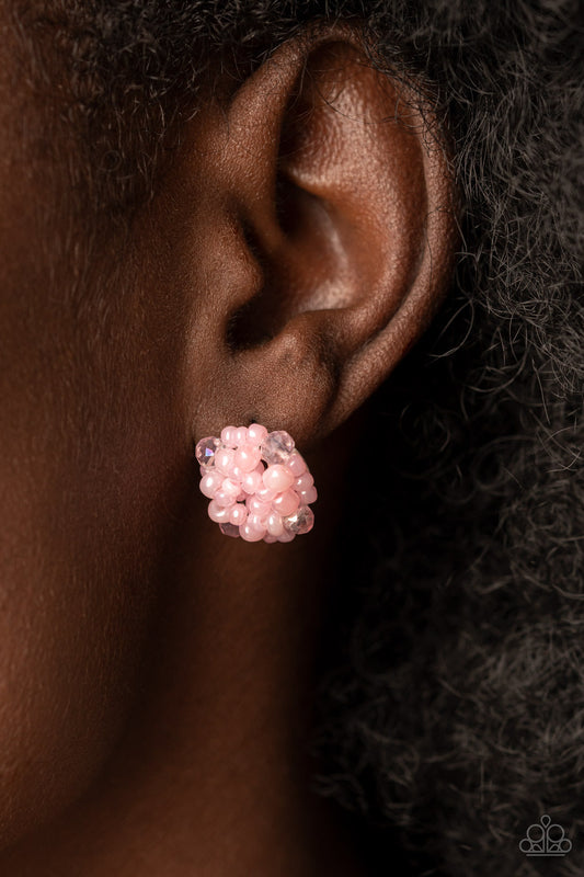 Bunches of Bubbly - Pink Seed Bead - Post Earrings - Paparazzi Accessories - The front of a dainty silver frame is embellished in pearly pink seed beads and pink crystal-like accents, creating a bubbly pop of color. Earring attaches to a standard post fitting.