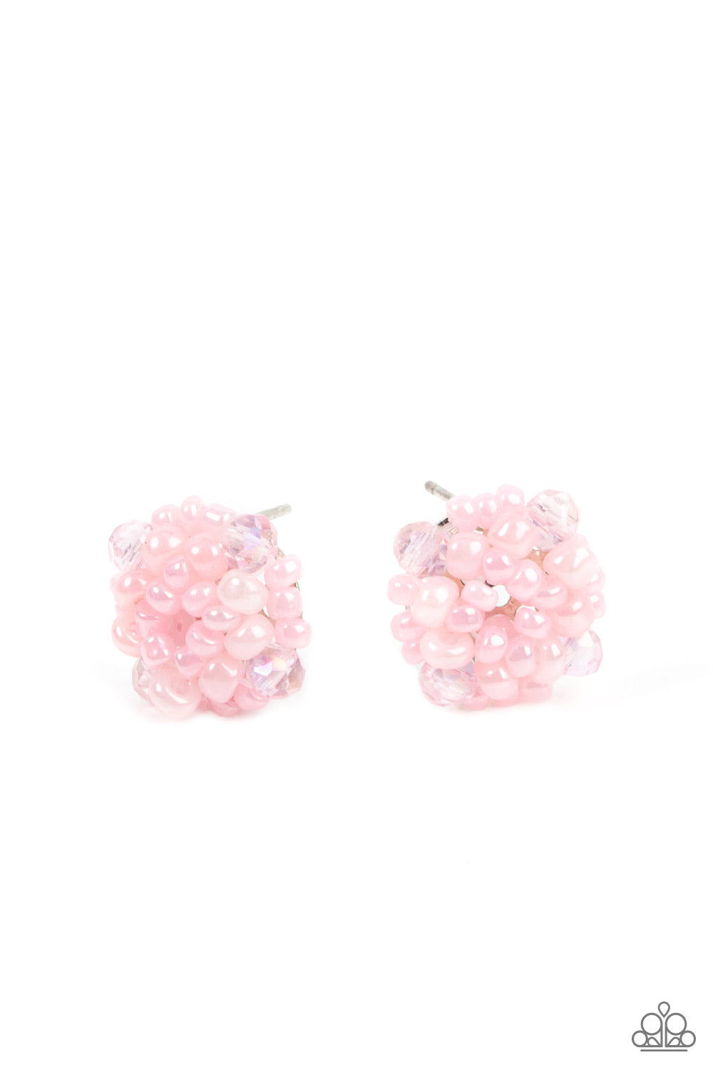 Bunches of Bubbly - Pink Seed Bead - Post Earrings - Paparazzi Accessories - The front of a dainty silver frame is embellished in pearly pink seed beads and pink crystal-like accents, creating a bubbly pop of color. Earring attaches to a standard post fitting. 