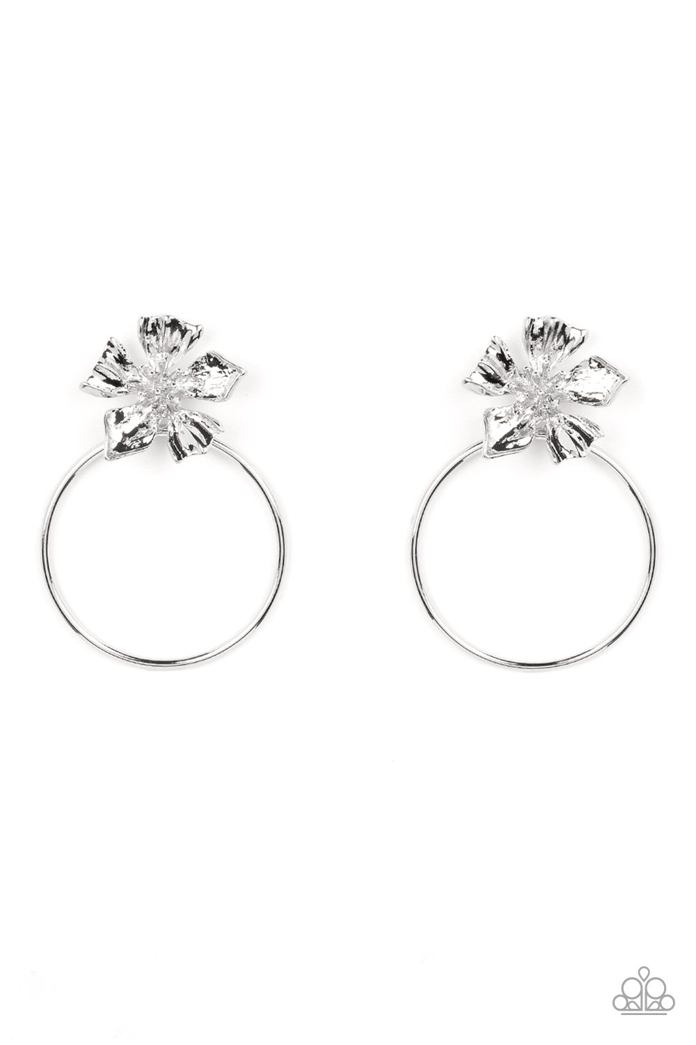 Buttercup Bliss - Silver Floral Fashion Earrings - Paparazzi Accessories - Featuring lifelike textures, a shimmery silver buttercup blooms atop an oversized silver hoop for a whimsical allure. Earring attaches to a standard post fitting. Sold as one pair of post earrings.