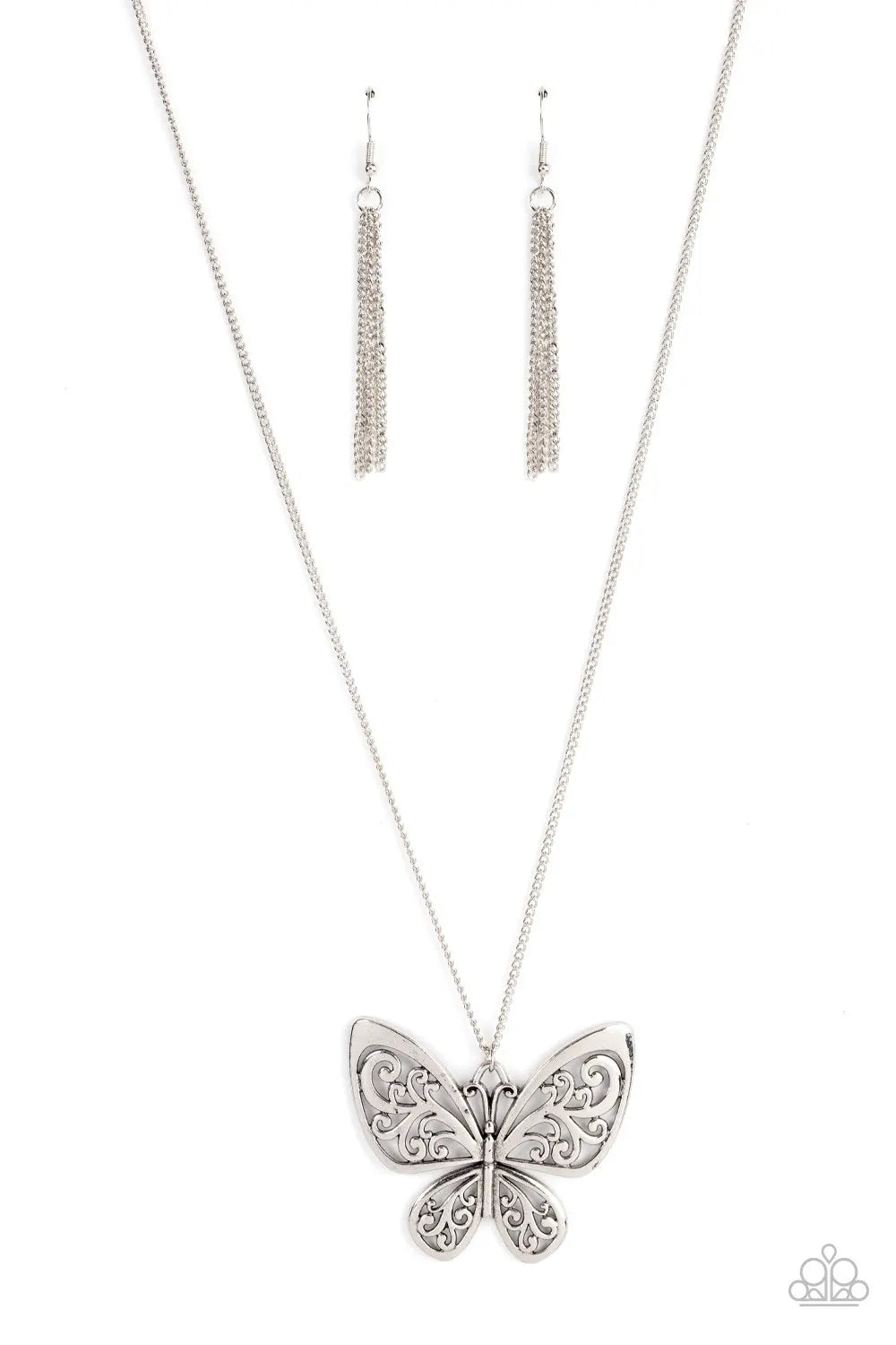 Butterfly Boutique - Silver Necklace - Paparazzi Accessories - Filled with frilly filigree details, a rustic silver butterfly flutters from the bottom of an extended silver chain for a whimsical fashion. Features an adjustable clasp closure. Sold as one individual necklace.