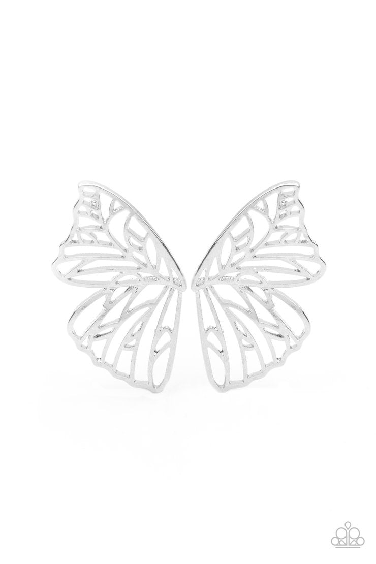 Butterfly Frills - Silver Earrings - Paparazzi Accessories - 
Shimmery silver bars delicately climb scalloped silver frames, coalescing into a whimsical butterfly wing. Earring attaches to a standard post fitting.
Sold as one pair of double-sided post earrings.

