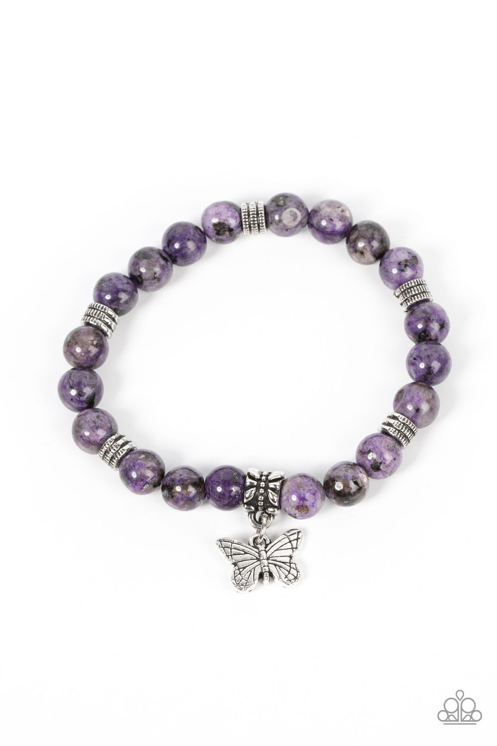 Butterfly Nirvana - Purple Amethyst - Silver Charm - Stretchy Bracelet - Paparazzi Accessories - silver butterfly charm, textured silver accents and amethyst stone beads are threaded along stretchy bands around the wrist for a whimsical stylish fashion bracelet. Bejeweled Accessories By Kristie - Trendy fashion jewelry for everyone -
