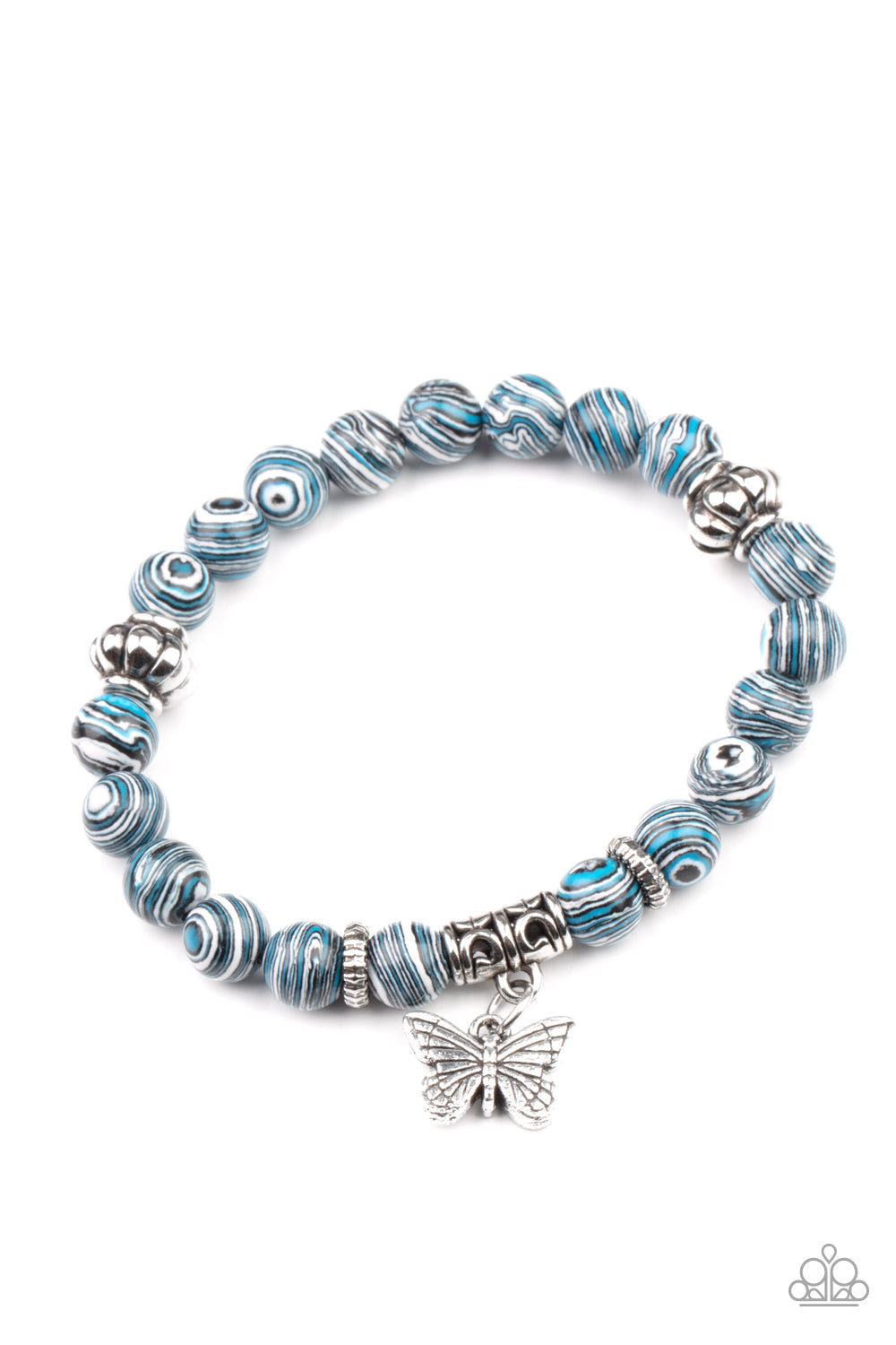 Butterfly Wishes - Blue and Silver Bracelet - Paparazzi Accessories - Swirling with blue, black, and white accents, colorful stone beads and ornate silver accents are threaded along stretchy bands around the wrist. A dainty silver butterfly charm dangles from the display, adding a whimsical flair.
