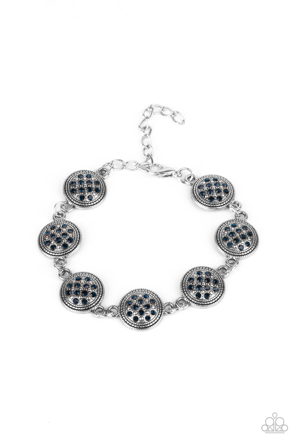 By Royal Decree - Blue and Silver Bracelet - Paparazzi Accessories - Glittery blue rhinestones, studded silver frames delicately connect around the wrist for a royal flair. Features an adjustable clasp closure.