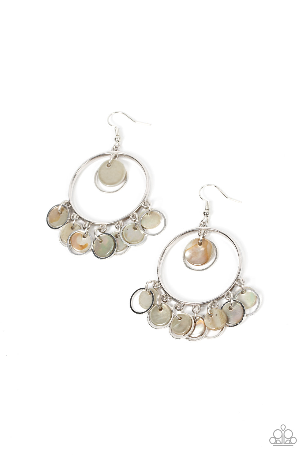 Cabana Charm - Silver - Shell Like Earrings - Paparazzi Accessories -  A summery collection of silvery shell-like discs and dainty silver rings dances from the top and bottom of a shiny silver hoop, resulting in a beach inspired fringe fashion earrings. Earring attaches to a standard fishhook fitting.