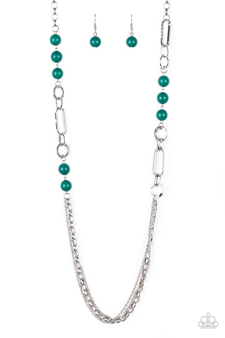 CACHE Me Out - Green and Silver Necklace - Paparazzi Accessories - A collection of glassy and polished green beads give way to layers of mismatched silver chain for a whimsical fashion necklace. Features an adjustable clasp closure.