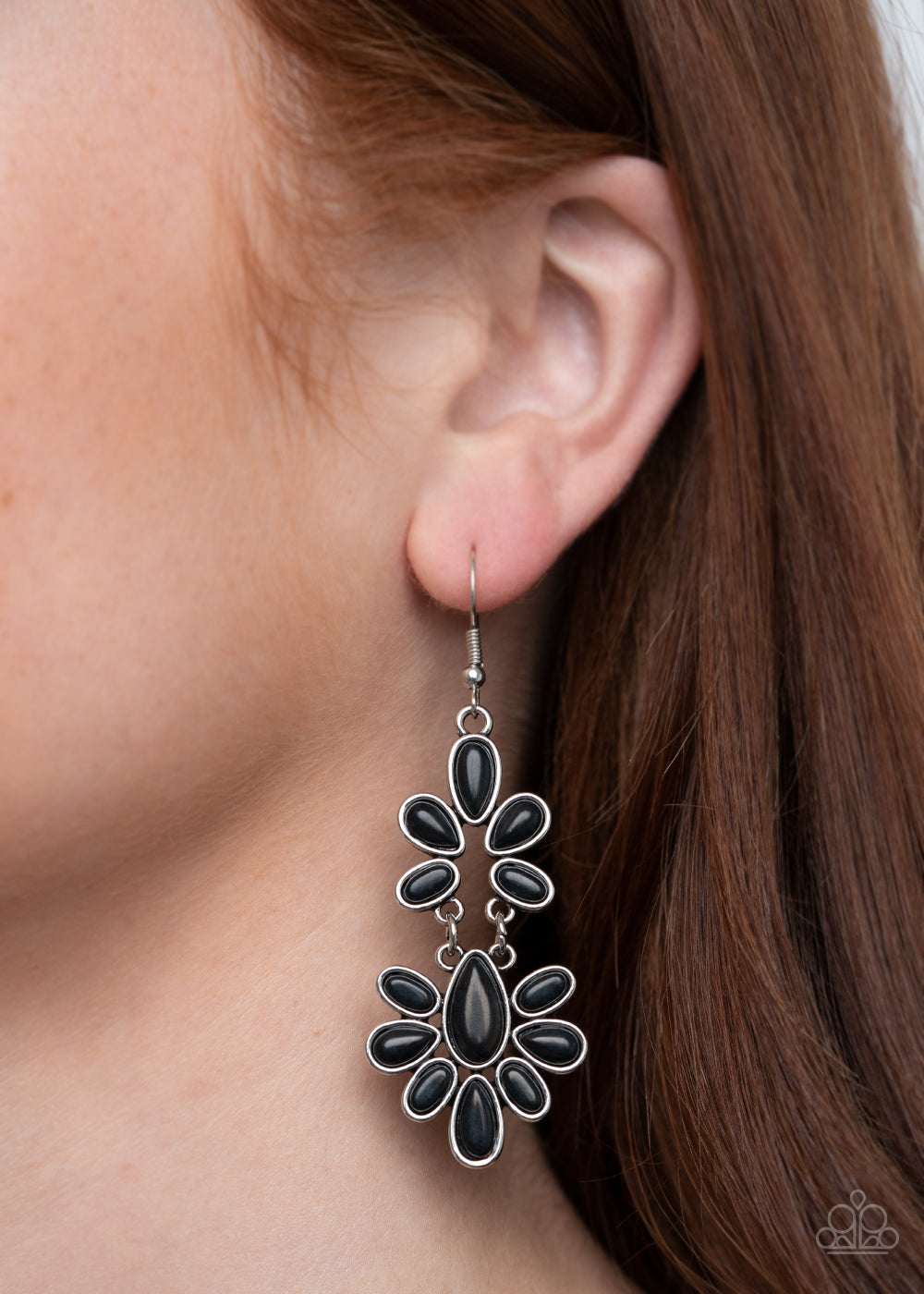 Cactus Cruise - Black and Silver Earrings - Paparazzi Accessories - Sleek silver frames, earthy black stone teardrop frames delicately link into a wildly wonderfully floral stylish earrings.