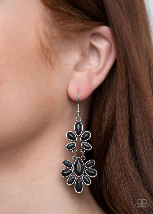 Cactus Cruise - Black and Silver Earrings - Paparazzi Accessories - Sleek silver frames, earthy black stone teardrop frames delicately link into a wildly wonderfully floral stylish earrings.