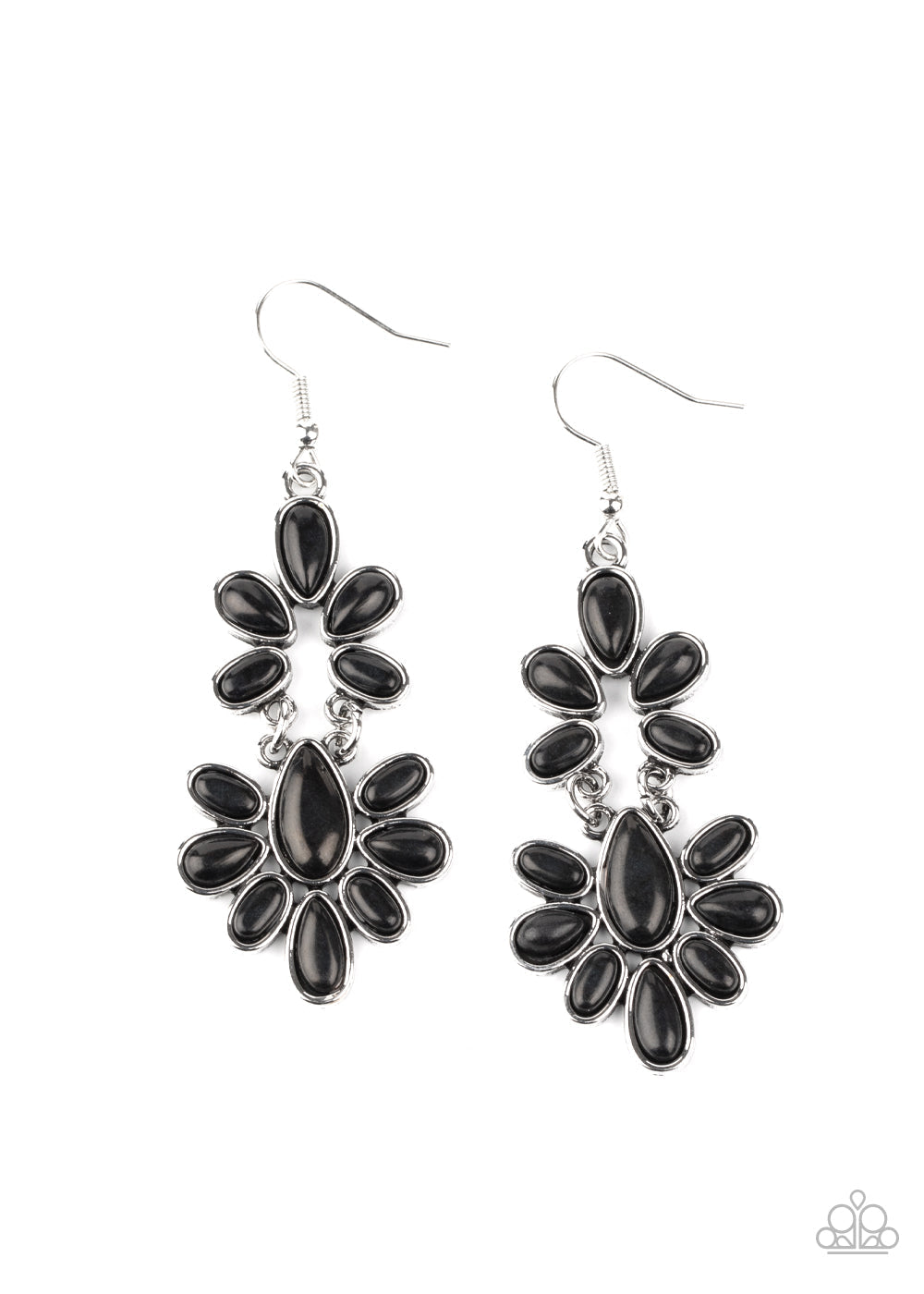 Cactus Cruise - Black and Silver Earrings - Paparazzi Accessories - Sleek silver frames, earthy black stone teardrop frames delicately link into a wildly wonderfully floral pattern earrings. Earring attaches to a standard fishhook fitting.