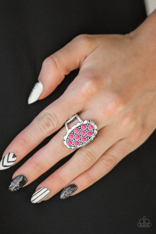 Cactus Garden - Pink and Silver Fashion Ring - Paparazzi Accessories - Dainty pink stones are sprinkled across the front of a studded silver frame, creating a vivacious centerpiece atop the finger. Features a stretchy band for a flexible fit. Sold as one individual ring.