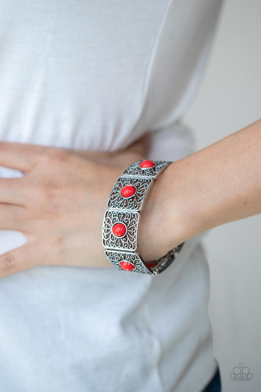 Cakewalk Dancing - Red & Silver Heart Shape Stretchy Bracelet - Paparazzi Accessories