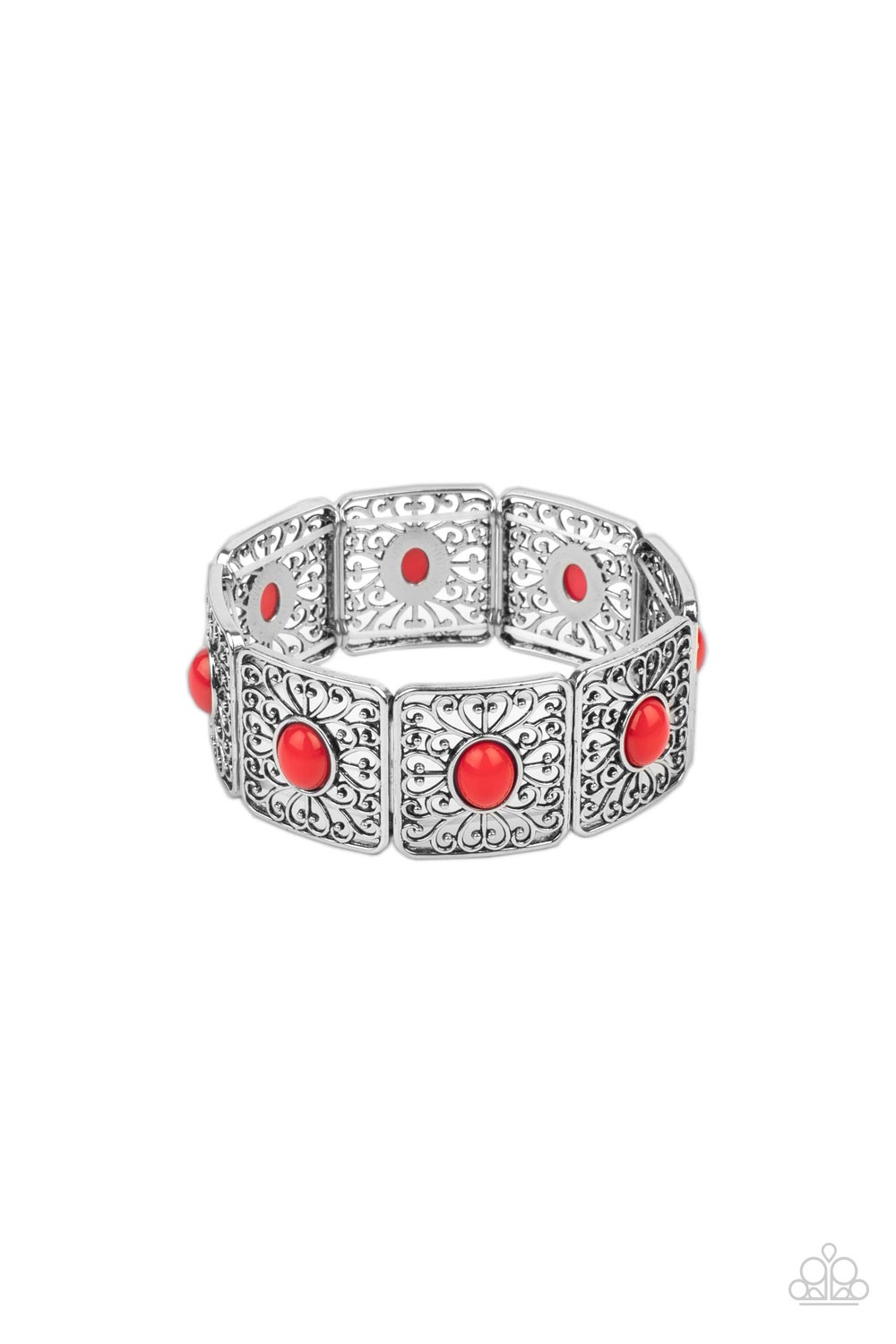Cakewalk Dancing - Red & Silver Heart Shape Stretchy Bracelet - Paparazzi Accessories