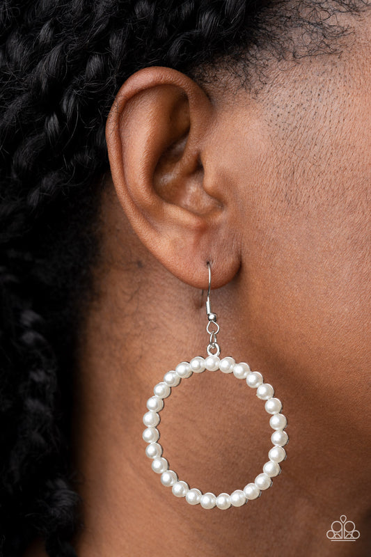 Can I Get A Hallelujah - White Pearl - Silver Earrings - Paparazzi Accessories - Bubbly white pearls adorn the front of a textured silver hoop, invoking a timeless fashion. Earring attaches to a standard fishhook fitting. Sold as one pair of earrings.