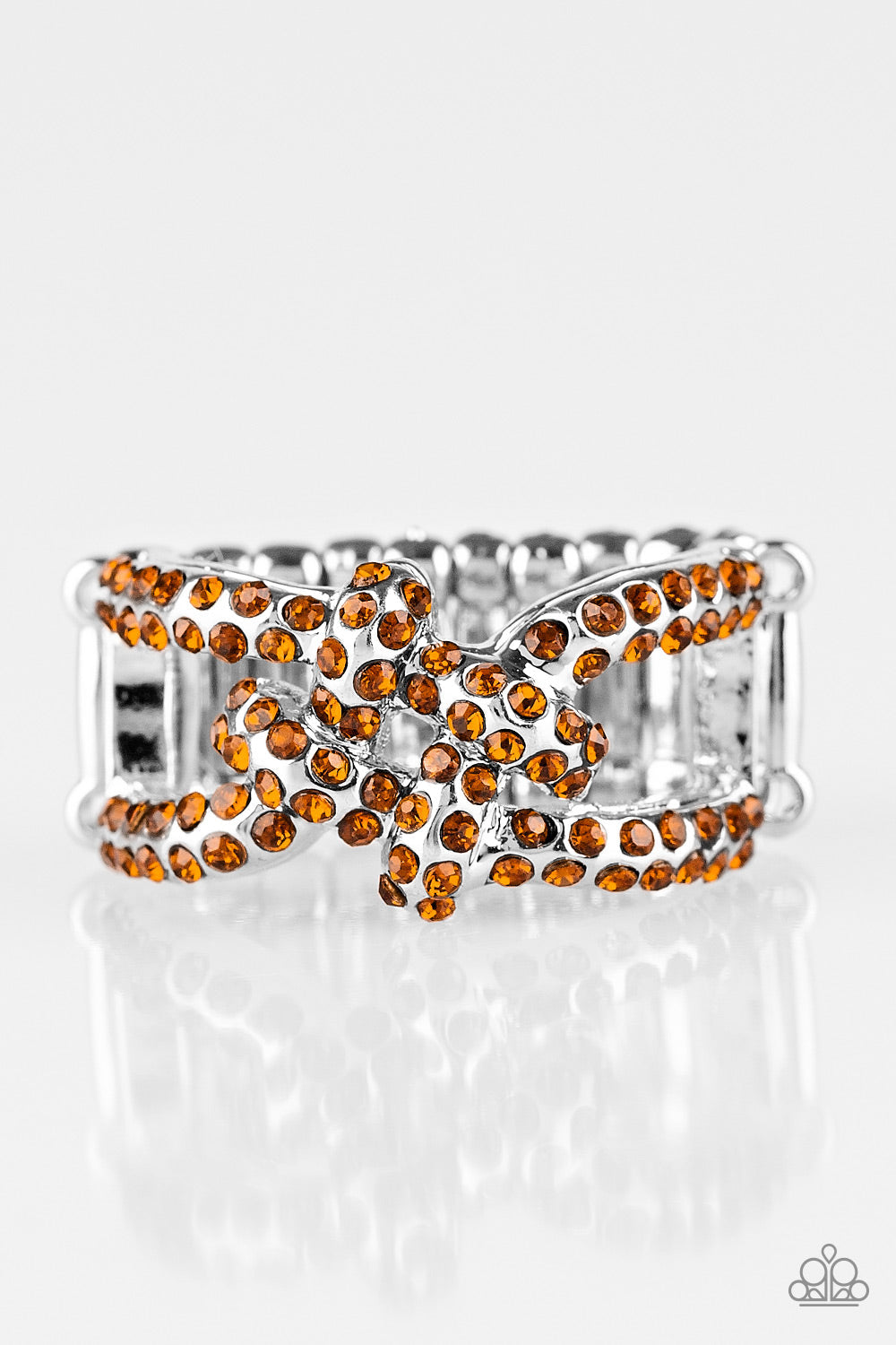 Can Only Go UPSCALE From Here - Brown and Silver Ring - Paparazzi Accessories - Encrusted in glittery rhinestones, shimmery silver bars crisscross across the finger, coalescing into a bold square knot atop the finger. Features a stretchy band for a flexible fit.