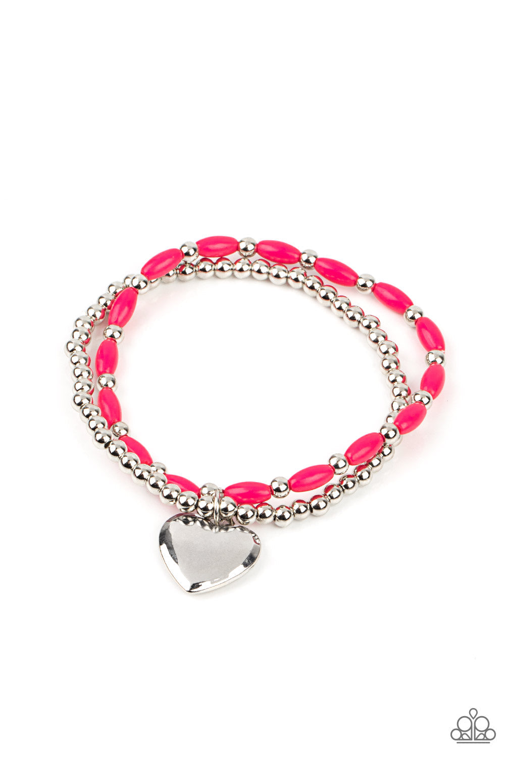 Candy Gram - Pink and Silver Heart Bracelet - Paparazzi Accessories - A bright silver heart dangles from a strand of playful Raspberry Sorbet beads. It is paired with a strand of round silver beads threaded along a stretchy band for a whimsical display around the wrist.