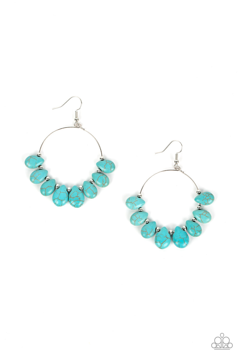 Canyon Quarry - Blue Turquoise and Silver Earrings - Paparazzi Jewelry - Bejeweled Accessories By Kristie - Imperfect turquoise teardrop stones alternate with dainty silver beads along a wire hoop, resulting in an adventurous fringe. Earring attaches to a standard fishhook fitting. Sold as one pair of earrings.