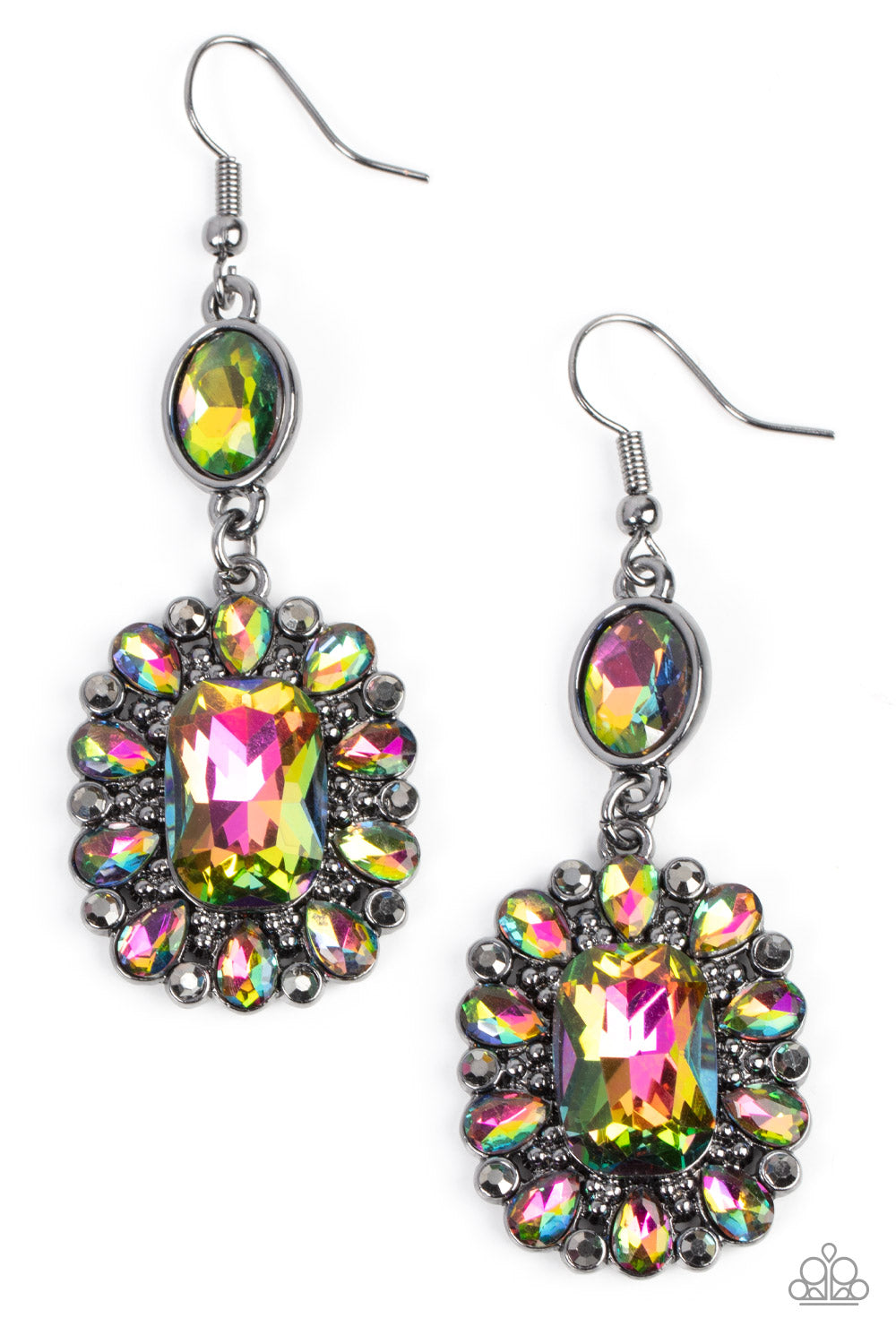 Capriciously Cosmopolitan - Multi Color - Oil Spill Earrings - Paparazzi Accessories - Dainty hematite rhinestones and teardrop oil spill gems fan out from an oversized oil spill emerald cut gem at the bottom of a solitaire oval oil spill gem, resulting in a glamorously glitzy lure. Earring attaches to a standard fishhook fitting. Sold as one pair of earrings.