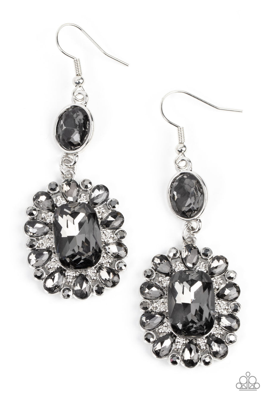 Capriciously Cosmopolitan - Silver Gem Earrings - Paparazzi Accessories - Dainty hematite rhinestones and teardrop smoky gems fan out from an oversized smoky emerald cut gem at the bottom of a solitaire oval smoky gem, resulting in a glamorously glitzy lure. Earring attaches to a standard fishhook fitting.