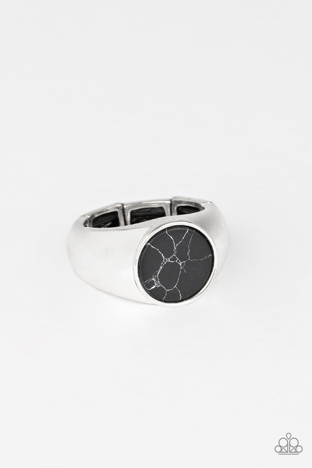 Carbon Print - Black and Silver - Men's Ring - Paparazzi Accessories - Featuring a faux marble finish, a flat black stone is pressed into the center of a classic silver band. Features a stretchy band for a flexible fit. Sold as one individual ring.