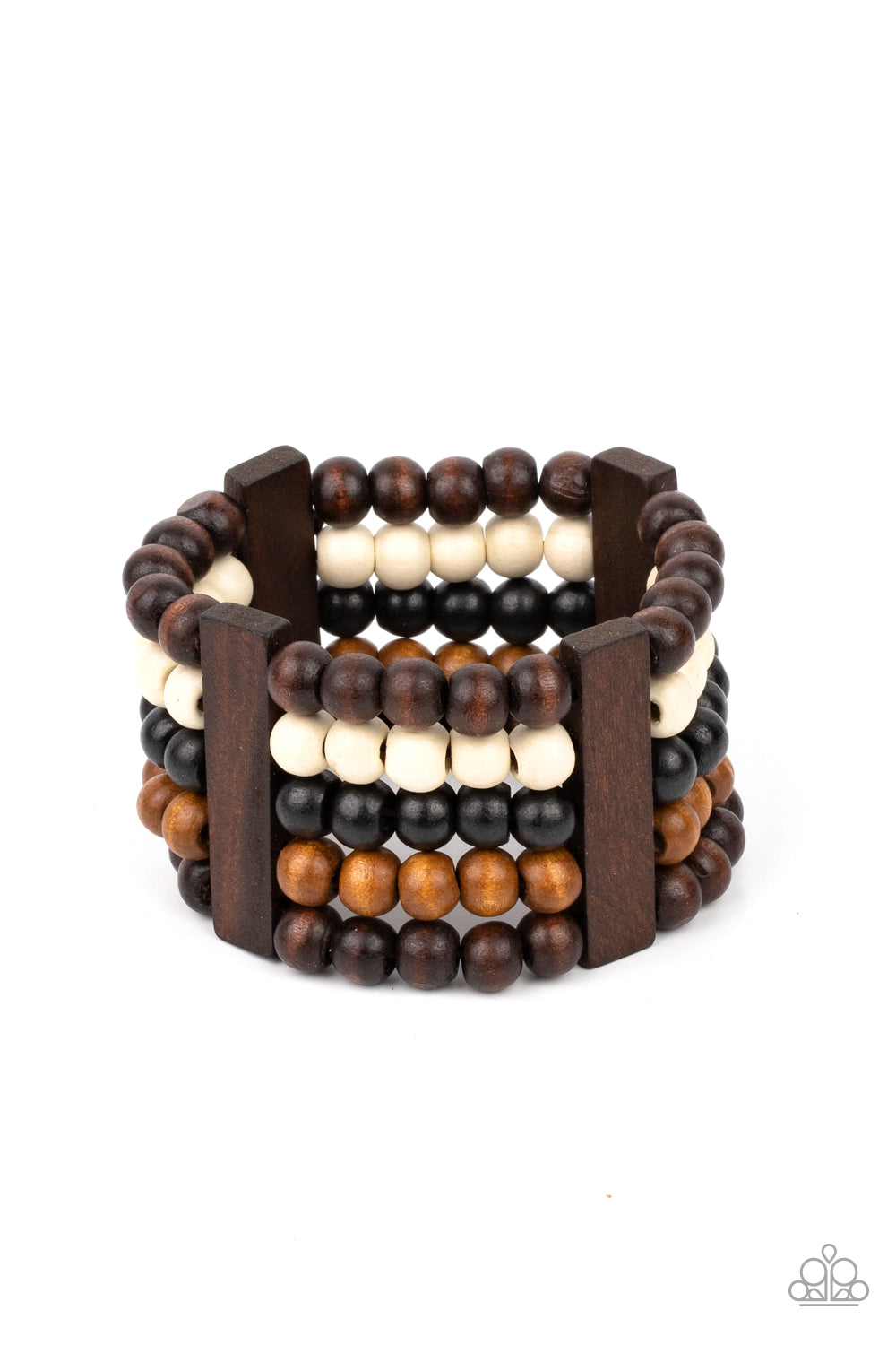 Caribbean Catwalk - Brown - Black - White Wood Stretchy Bracelet - Paparazzi Accessories - 
Held in place by rectangular wooden frames, strands of brown, black, and white wooden beads are threaded along stretchy bands around the wrist for a colorfully tropical look. Sold as one individual bracelet.
