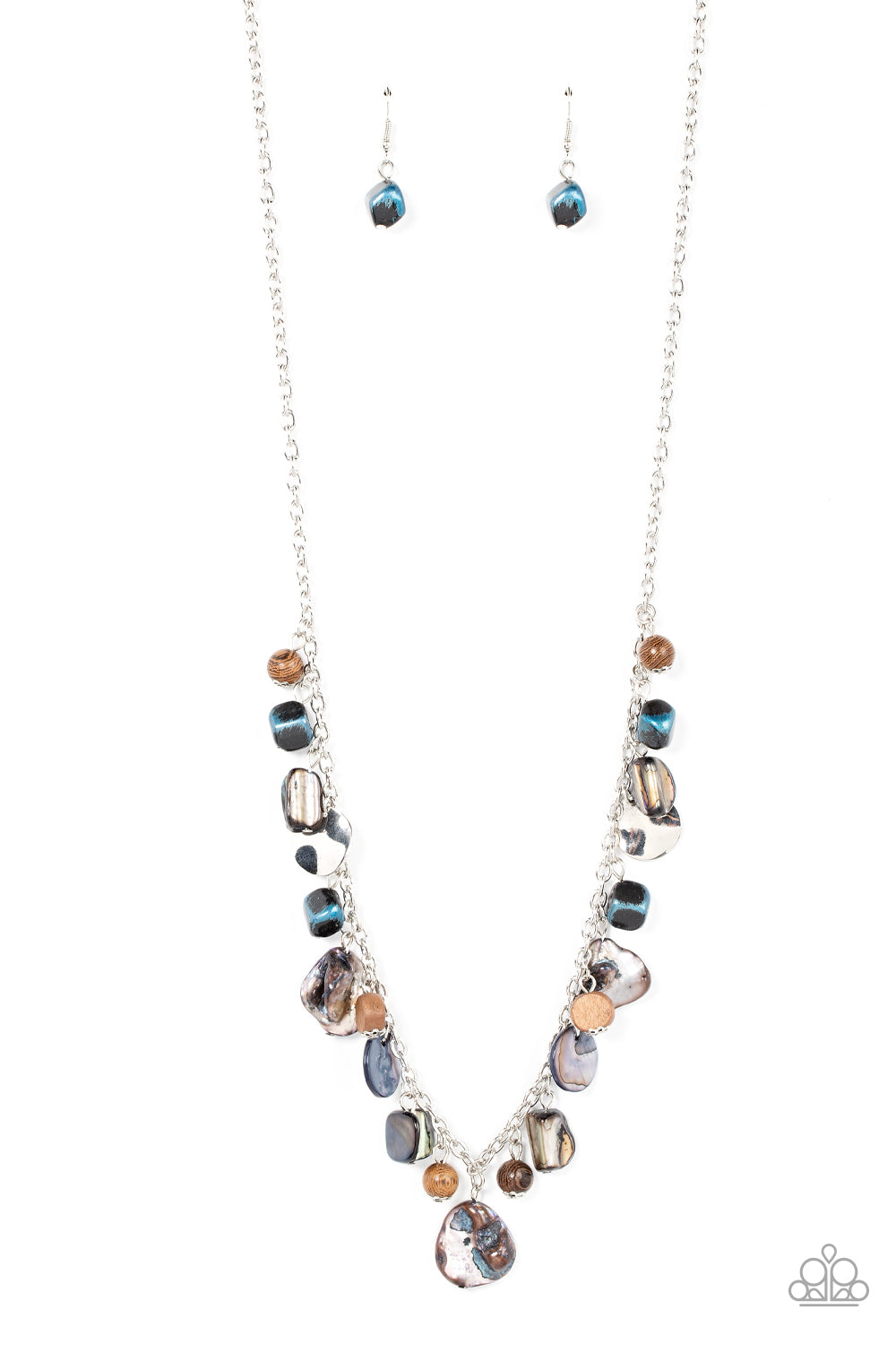 Caribbean Charisma - Blue and Silver Necklace - Paparazzi Accessories - A mismatched collection of warped silver discs, brown wooden beads, and iridescent shell-like rock accents dances from the bottom of a classic silver chain, creating a tropical sensation across the chest. Features an adjustable clasp closure. Sold as one individual necklace.