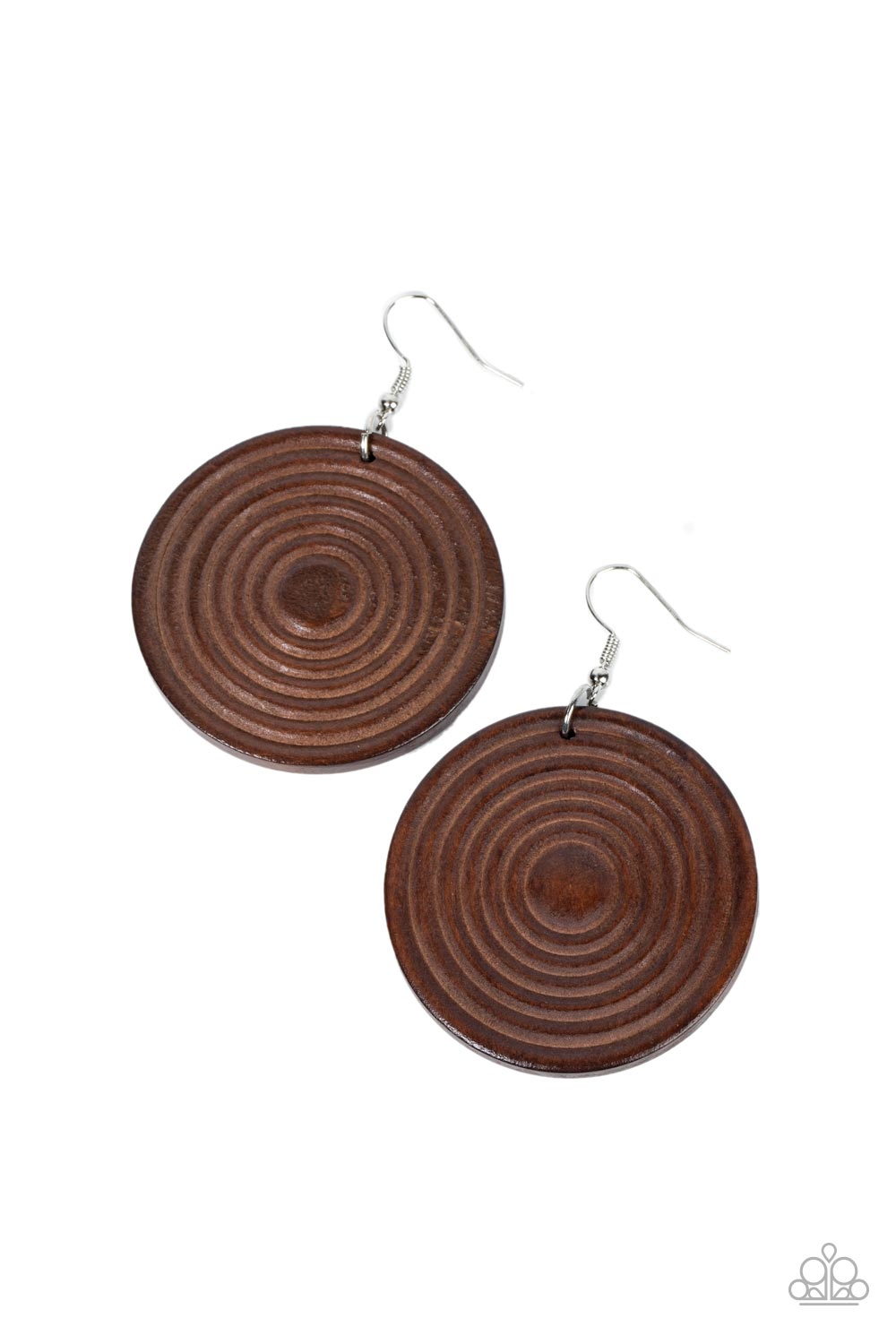 Caribbean Cymbal - Brown Wood Earrings - Paparazzi Accessories - A shiny brown wooden disc is engraved in circular details, resulting in a dizzying pop of color. Earring attaches to a standard fishhook earring. Sold as one pair of earrings.