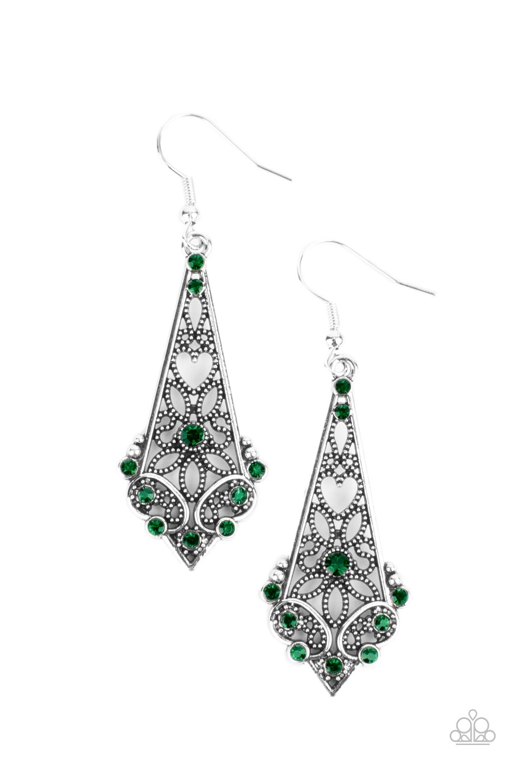 Casablanca Charisma - Green and Silver - Heart and Flower Earrings - Heart and flower filigree motifs permeate an elongated diamond-shaped silver frame. Dainty green rhinestones scatter across the design creating a whimsical lure. Earring attaches to a standard fishhook fitting. Sold as one pair of earrings. Bejeweled Accessories By Kristie - Trendy fashion jewelry for everyone -