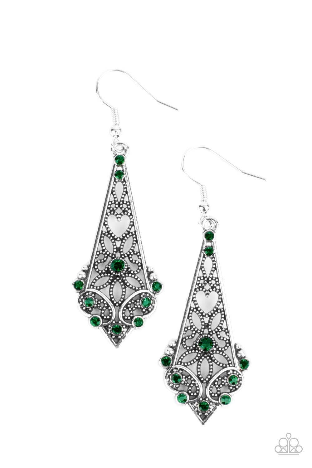 Casablanca Charisma - Green and Silver - Heart and Flower Earrings - Heart and flower filigree motifs permeate an elongated diamond-shaped silver frame. Dainty green rhinestones scatter across the design creating a whimsical lure. Earring attaches to a standard fishhook fitting. Sold as one pair of earrings. Bejeweled Accessories By Kristie - Trendy fashion jewelry for everyone -