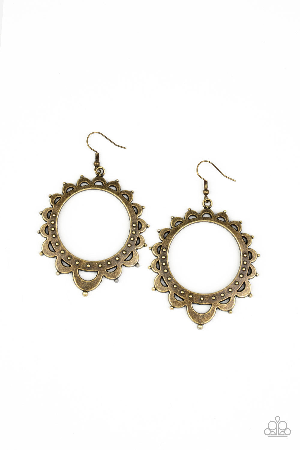 Casually Capricious - Brass Fashion Earrings - Paparazzi Accessories - Studded petal-like frames radiate out from an antiqued brass hoop, coalescing into a whimsical sunburst fashion earrings. Trendy fashion jewelry for everyone.
