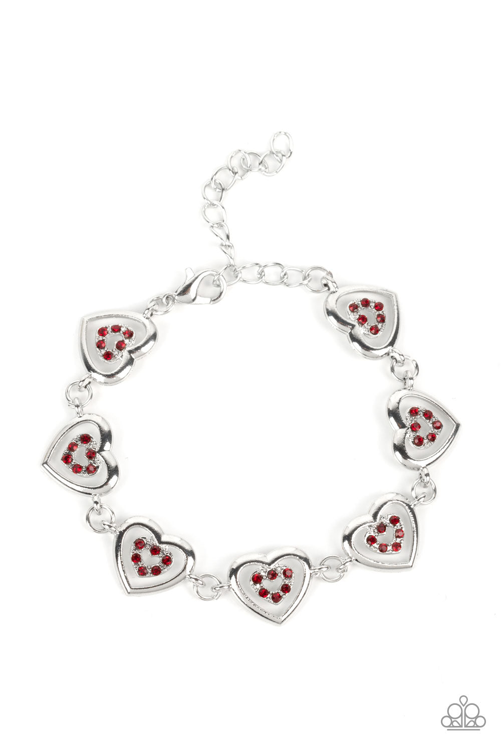 Catching Feelings - Red Heart Bracelet - Paparazzi Accessories - Dotted with dainty siam rhinestones, airy silver heart silhouettes are affixed to the points of larger silver heart frames. The two dimensional heart frames link together around the wrist in a flirtatious finish. Features an adjustable clasp closure. Sold as one individual bracelet.