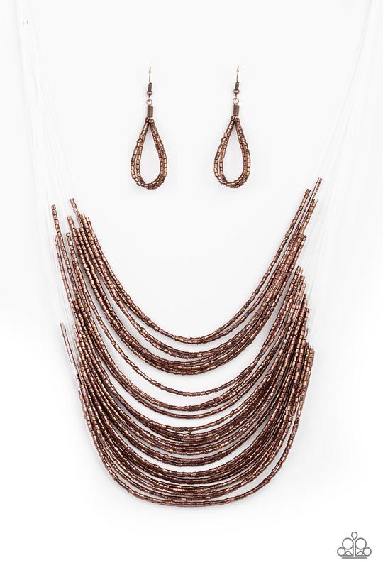 Catwalk Queen - Copper Seed Bead Necklace - Paparazzi Accessories - Strand after strand of metallic copper seed beads fall together to create a bold statement piece. Features an adjustable clasp closure.