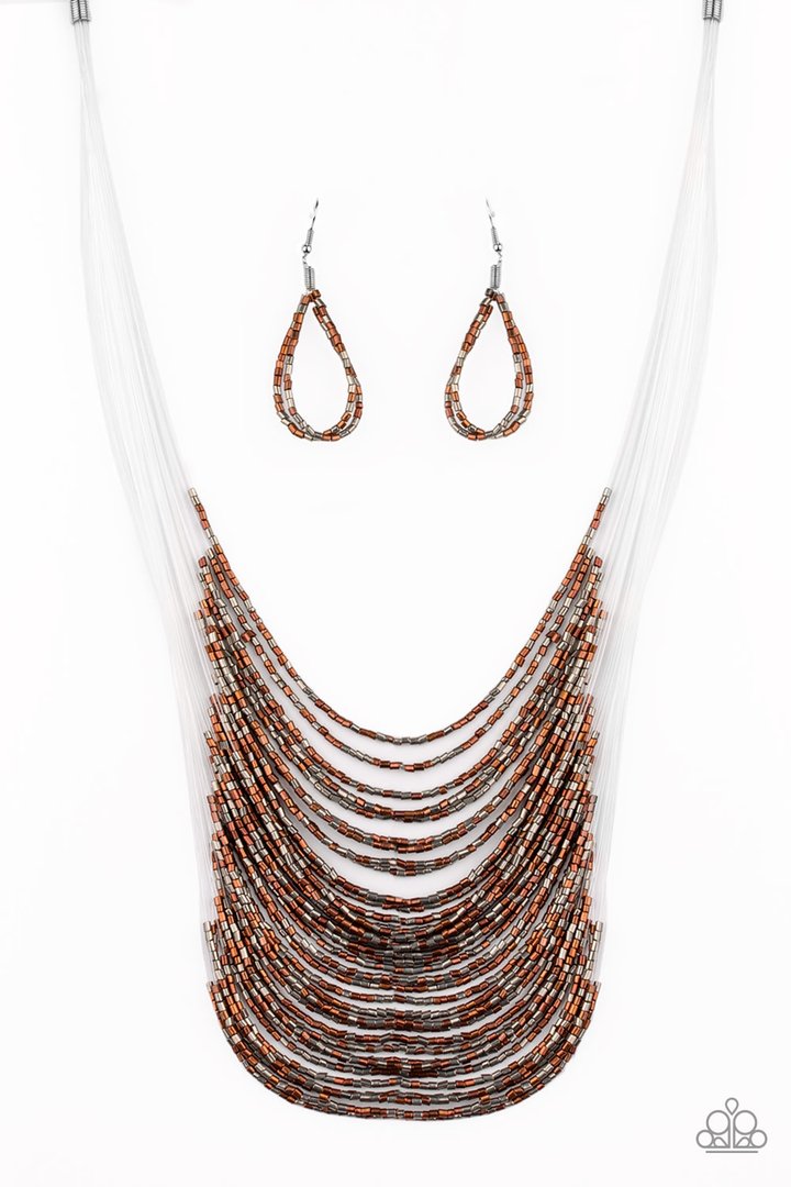 Catwalk Queen - Multi (Copper - Gunmetal)  Seed Bead Fashion Necklace - Paparazzi Accessories - Strand after strand of metallic copper and gunmetal seed beads fall together to create a bold statement piece. Features an adjustable clasp closure.