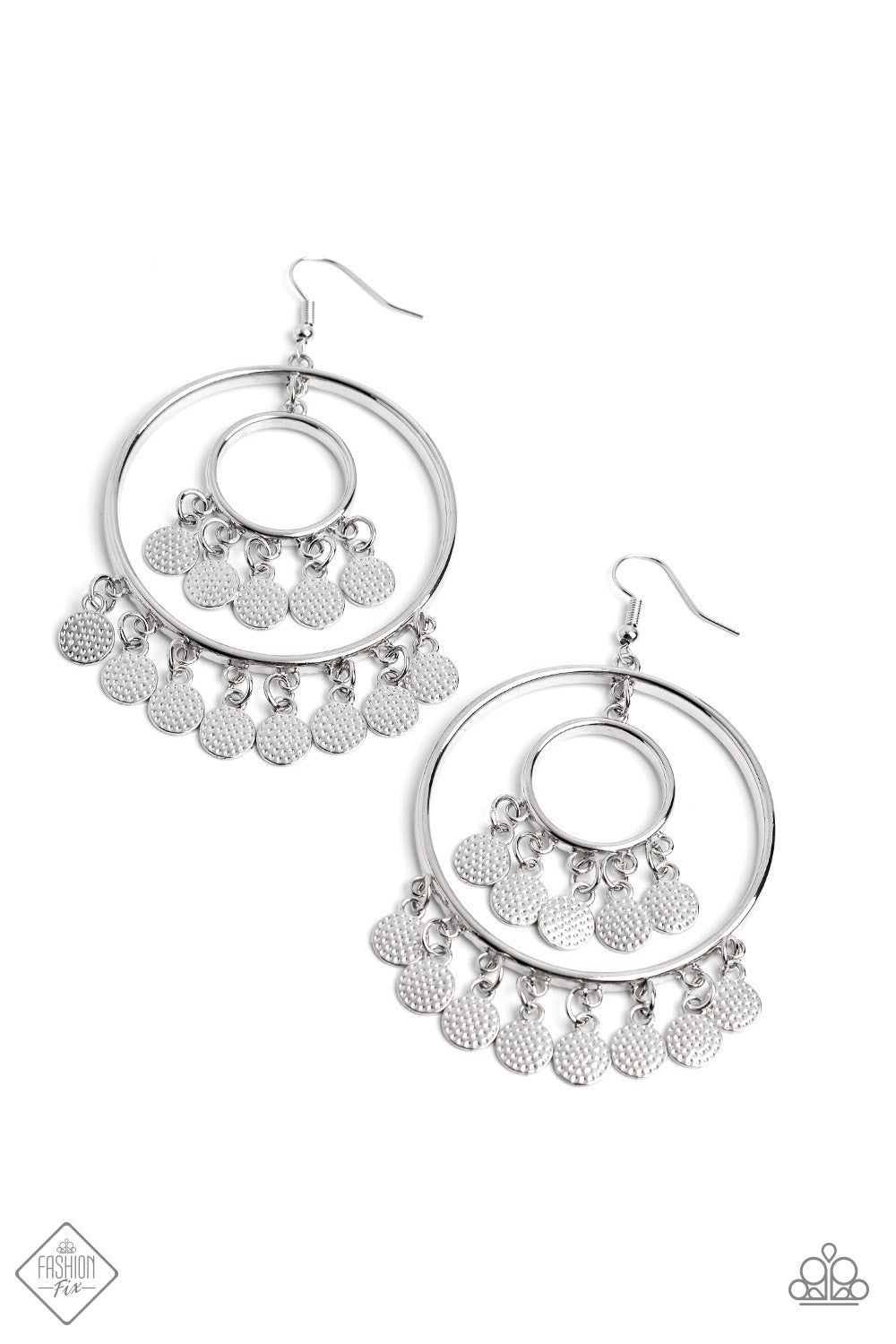 Caviar Command - Silver Earrings - Paparazzi Accessories - Silver discs, hammered with studded details, trickle from the bottom of an oversized sleek silver hoop, creating an elegant lure. A smaller hoop with a similar sheen, swings from the top of the oversized hoop, which features even more dangling discs for additional eye-catching movement. Earring attaches to a standard fishhook fitting. Sold as one pair of earrings.