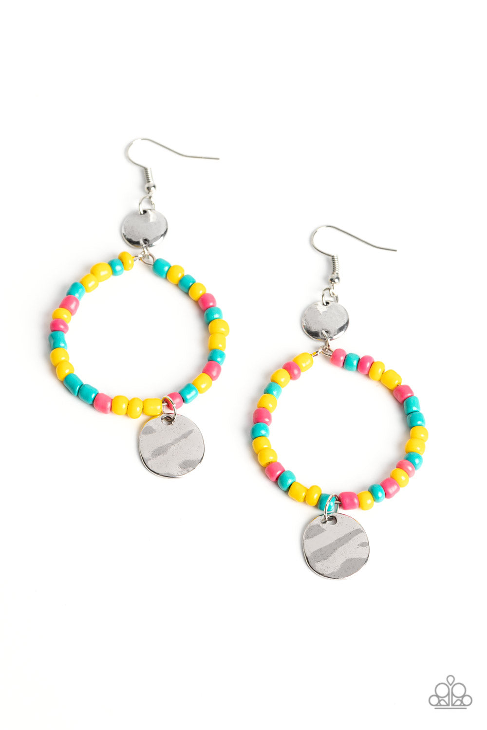 Cayman Catch - Yellow Multi Colorful Earrings - Paparazzi Accessories - Featuring the summery hues of Empire Yellow, Beetroot Purple, and Harbor Blue, dainty seed beads are threaded along a wire hoop that swings between two hammered silver discs for a tropical inspired fashion. Earring attaches to a standard fishhook fitting. Sold as one pair of earrings.